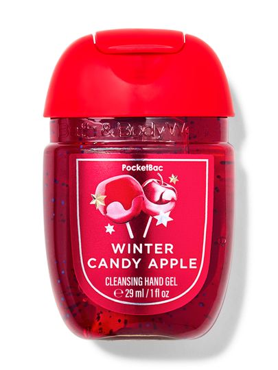 Gel dezinfectant de mâini cu parfum de măr și bomboane de iarnă și sclipici. Bath & Body Works.