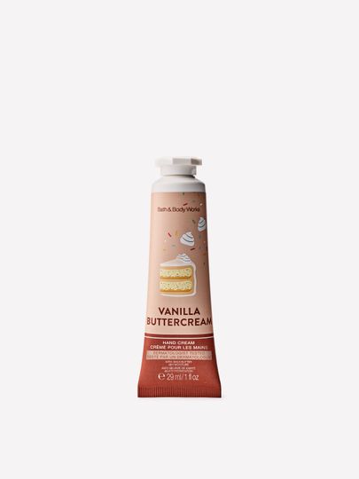 Krem do rąk Vanilla Buttercream Bath & Body Works z motywem waniliowego ciasta i kolorowej posypki