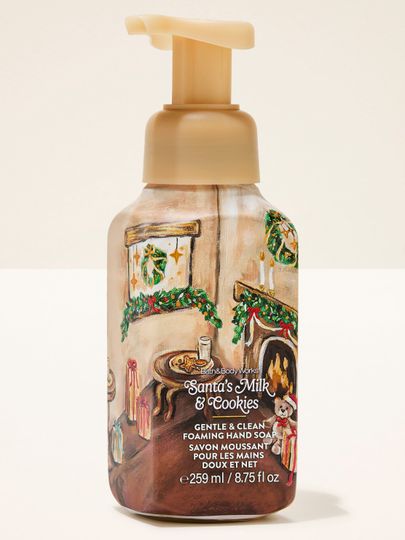 Mydło w piance Santa's Milk & Cookies Bath & Body Works z motywem świątecznego wnętrza, kominka i ciasteczek