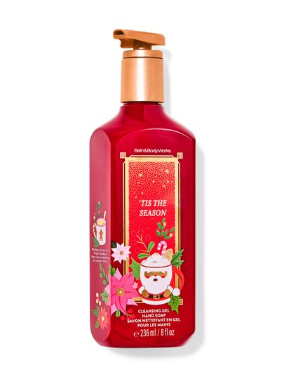Mydło do rąk ’Tis the Season Bath & Body Works z motywem kubka Mikołaja, poinsecji i gałązek ostrokrzewu