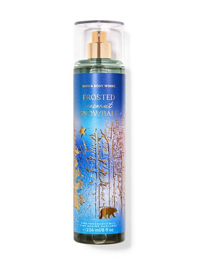 Spray parfumat „Frosted Coconut Snowball” cu motiv de pădure de iarnă, stele și un urs. Bath & Body Works.
