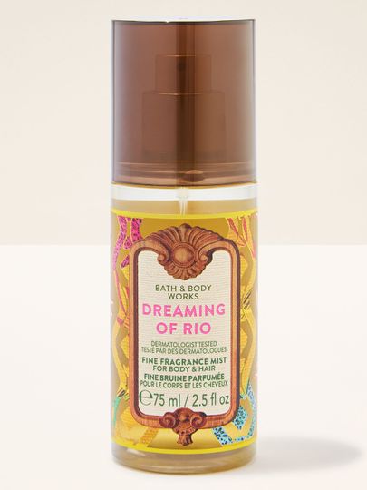 Mini mgiełka Bath & Body Works Dreaming of Rio z kolorową etykietą i brązową nakrętką.