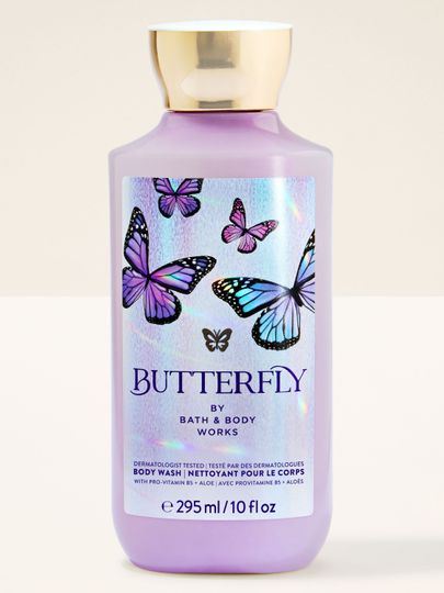 Żel pod prysznic Butterfly w dekoracyjnej butelce, stworzony do codziennego oczyszczania i odświeżenia.