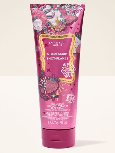 Krem do ciała Strawberry Snowflakes Bath & Body Works z motywem truskawek i płatków śniegu