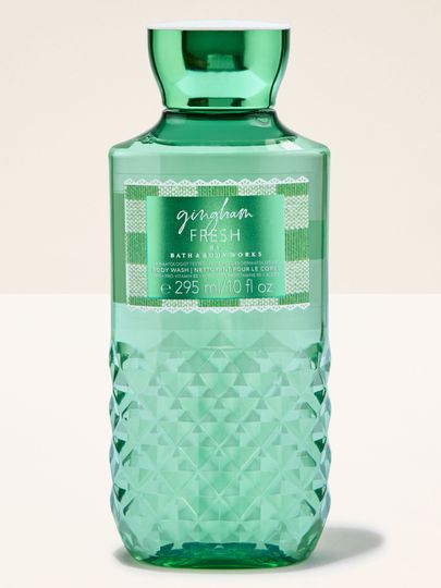 Żel do mycia ciała Bath & Body Works Gingham Fresh 295 ml w zielonej butelce z motywem gingham.