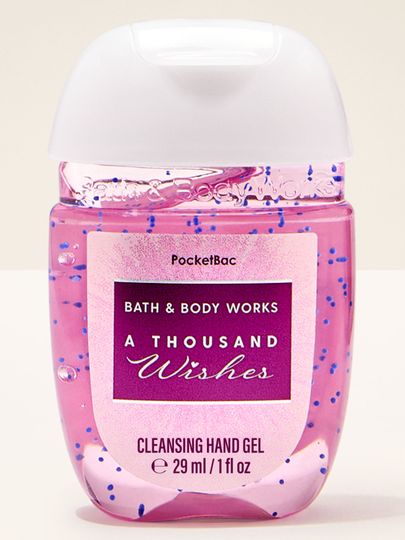 Żel antybakteryjny do rąk A Thousand Wishes od Bath & Body Works w różowym opakowaniu PocketBac z brokatowym efektem.