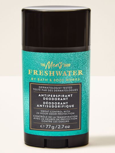 Antyperspirant Freshwater Bath & Body Works dla mężczyzn w turkusowym opakowaniu o świeżym charakterze.