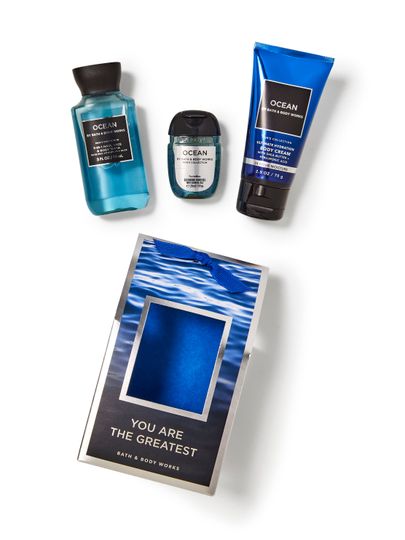 Zestaw Bath & Body Works Ocean dla niego: żel, balsam, PocketBac i pudełko prezentowe.
