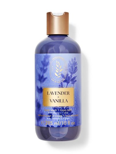 Płyn do kąpieli i żel pod prysznic Bath & Body Works "Lavender + Vanilla" w fioletowej butelce z lawendową grafiką.