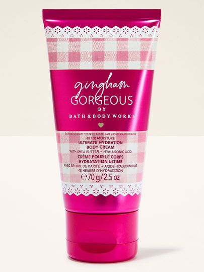 Krem do ciała Bath & Body Works Gingham Gorgeous 70 g w różowej tubie z klasycznym wzorem gingham.