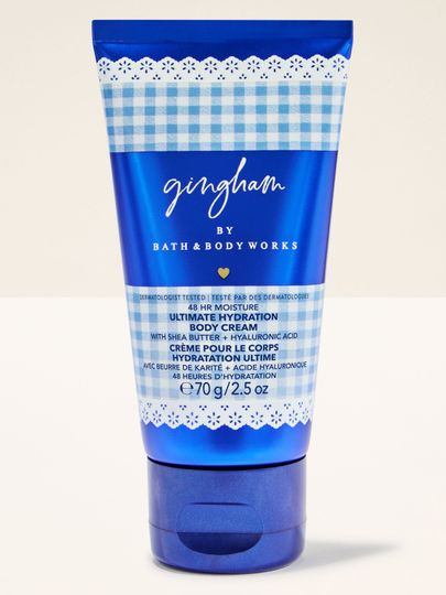 Krem do ciała Bath & Body Works Gingham 70 g w niebieskiej tubie z klasycznym wzorem gingham.