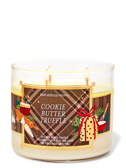 Świeca zapachowa Cookie Butter Truffle Bath & Body Works z 3 knotami i motywem ciasteczek oraz kokardy