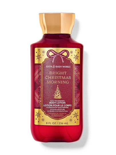 Loțiune roșie de corp cu ambalaj auriu și de Crăciun și denumirea "Bright Christmas Morning", Bath & Body Works.