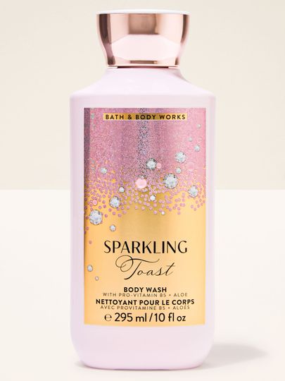 Różowy żel pod prysznic Sparkling Toast Bath & Body Works w butelce z różowo‑złotą etykietą