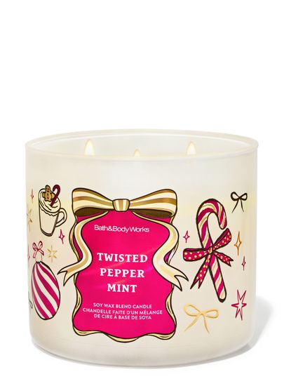 Świeca zapachowa Twisted Peppermint Bath & Body Works z motywem cukrowych lasek i kokard