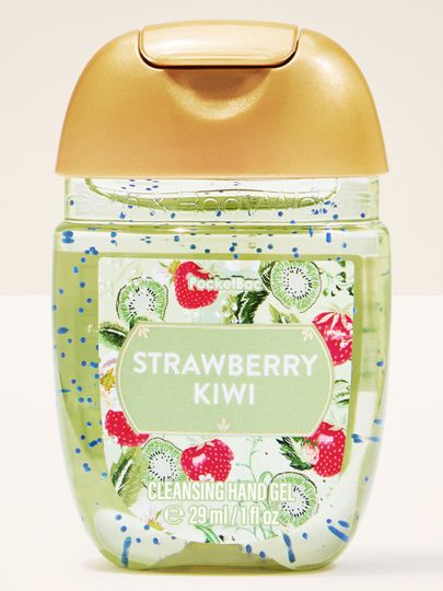 Oczyszczający żel do rąk Strawberry Kiwi w kompaktowym opakowaniu, idealny do szybkiego odświeżenia dłoni w ciągu dnia.