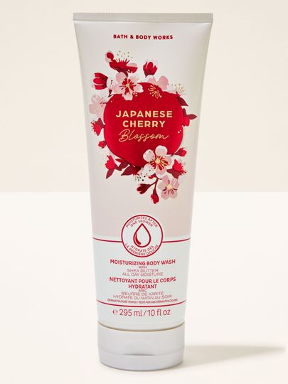 Żel do mycia ciała Japanese Cherry Blossom od Bath & Body Works w białej tubie z kwiatową, czerwoną grafiką.