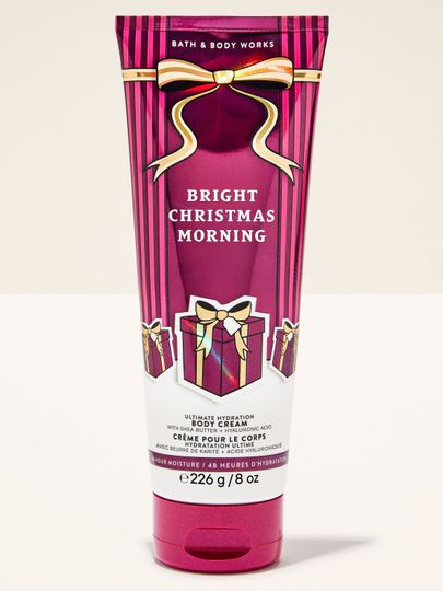 Krem do ciała Bright Christmas Morning Bath & Body Works z motywem prezentów i kokardy