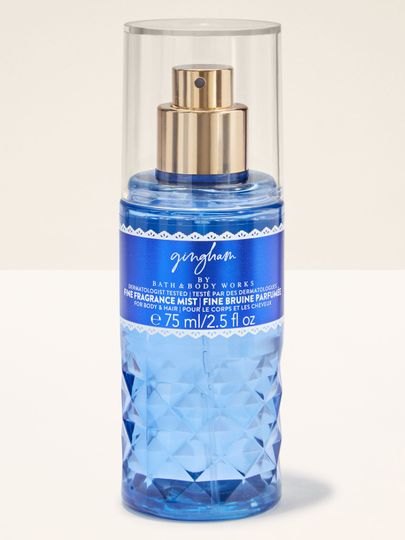 Mgiełka zapachowa Bath & Body Works Gingham 75 ml w niebieskim flakonie z atomizerem (mini).