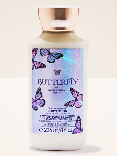 Balsam do ciała Butterfly Bath & Body Works w jasnej butelce z holograficzną etykietą i motywem motyli