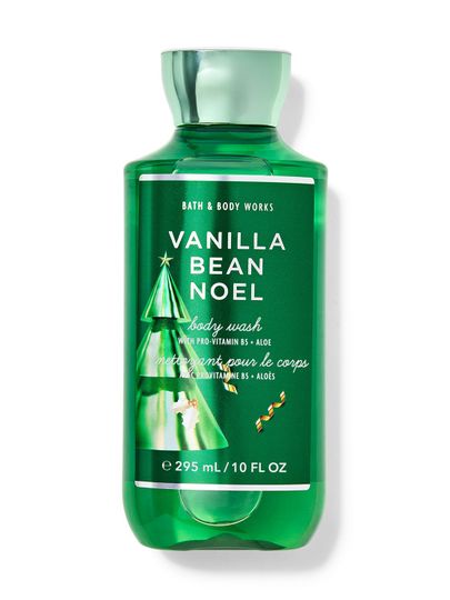 Gel de duș „Vanilla Bean Noel” în sticlă transparentă, cu etichetă verde cu brăduț, Bath & Body Works.