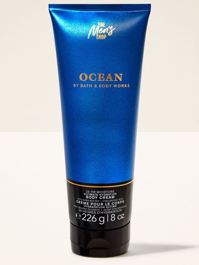 Krem do ciała Ocean z męskiej kolekcji Bath & Body Works w tubie o metalicznym wykończeniu, stworzony do całodobowego nawilżenia.
