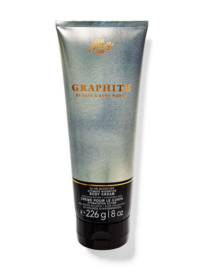 Krem do ciała Bath&Body Works Graphite. Duża, metaliczna tubka w kolorze szarym z brokatem i napisami.