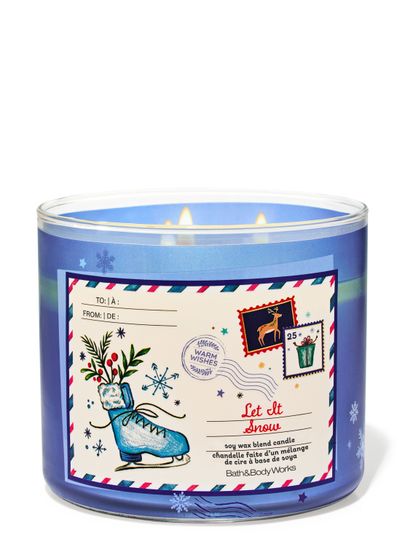 Świeca zapachowa Let It Snow Bath & Body Works z 3 knotami i motywem łyżwy na etykiecie