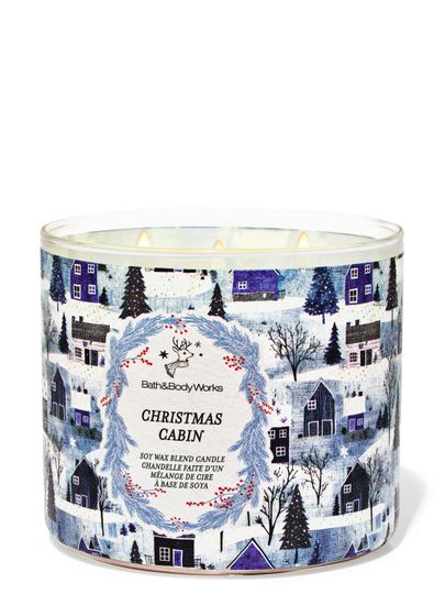 Świeca zapachowa Christmas Cabin Bath & Body Works z 3 knotami i zimowym motywem domków na etykiecie