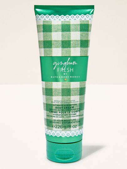 Krem do ciała Bath & Body Works Gingham Fresh 226 g w zielonej tubie z motywem gingham.
