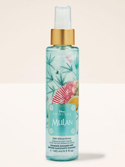 Mgiełka Diamond z kolekcji Disney Princess Mulan od Bath & Body Works w turkusowym, połyskującym flakonie.