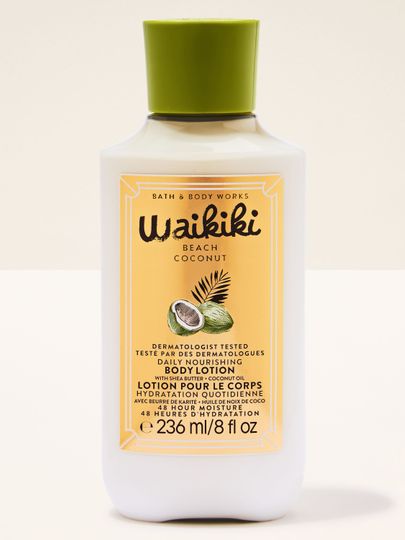 Lotion do ciała Waikiki Beach Coconut w jasnej butelce z zieloną nakrętką i żółtą etykietą z kokosowym motywem.