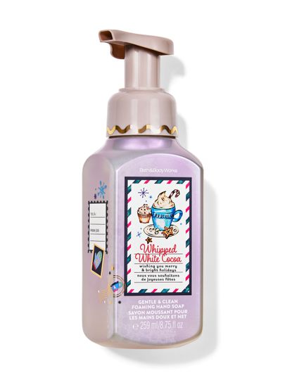 Mydło w piance Whipped White Cocoa Bath & Body Works z motywem kubka gorącego kakao i świątecznych wypieków