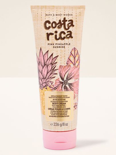 Krem do ciała Costa Rica Pink Pineapple Sunrise w pastelowej tubie z tropikalną grafiką i różowymi akcentami.