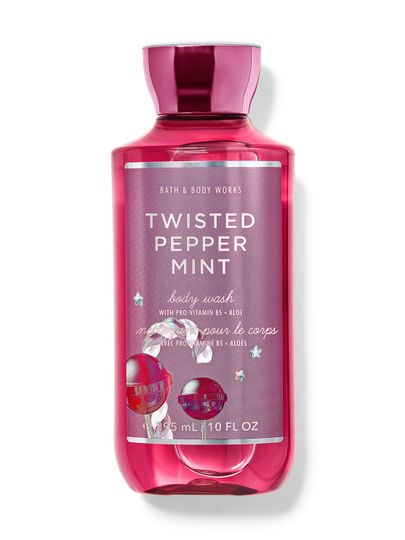 Gel de duș „Twisted Peppermint”, 295 ml, cu etichetă roz și desen cu două acadele, Bath & Body Works.