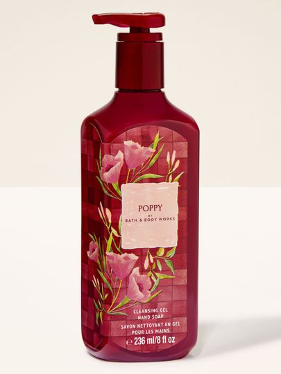 Żel do mycia rąk Bath & Body Works Poppy 236 ml w bordowej butelce z kwiatowym wzorem.