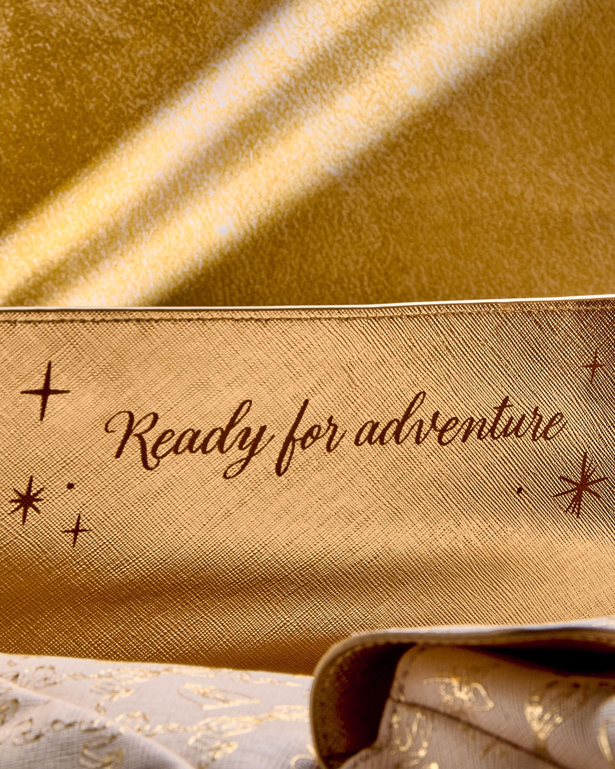 Zbliżenie na złoty detal opakowania Disney Princess z napisem „Ready for adventure” i gwiazdkami.