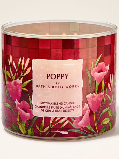 Świeca zapachowa 3‑knotowa Bath & Body Works Poppy w szklanym słoju z kwiatowym wzorem.