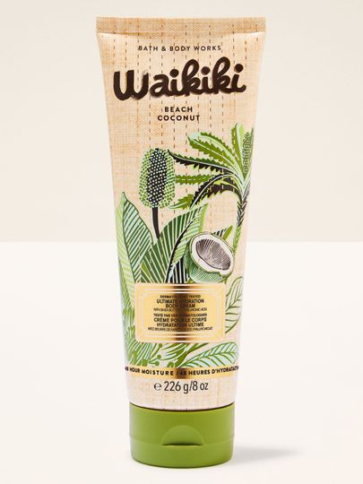 Krem do ciała Waikiki Beach Coconut w jasnej tubie z zielonymi palmami i kokosowym motywem na naturalnym tle.