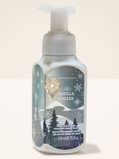 Mydło w piance Vanilla Icicles Bath & Body Works z zimowym motywem gór, choinek, gwiazd i płatków śniegu