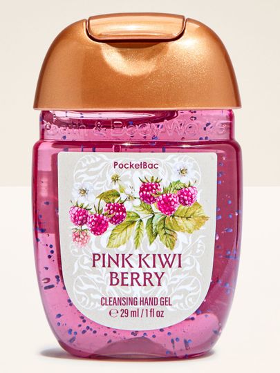 Bath & Body Works Pink Kiwi Berry PocketBac – żel do dezynfekcji rąk w różowej butelce z motywem owoców.