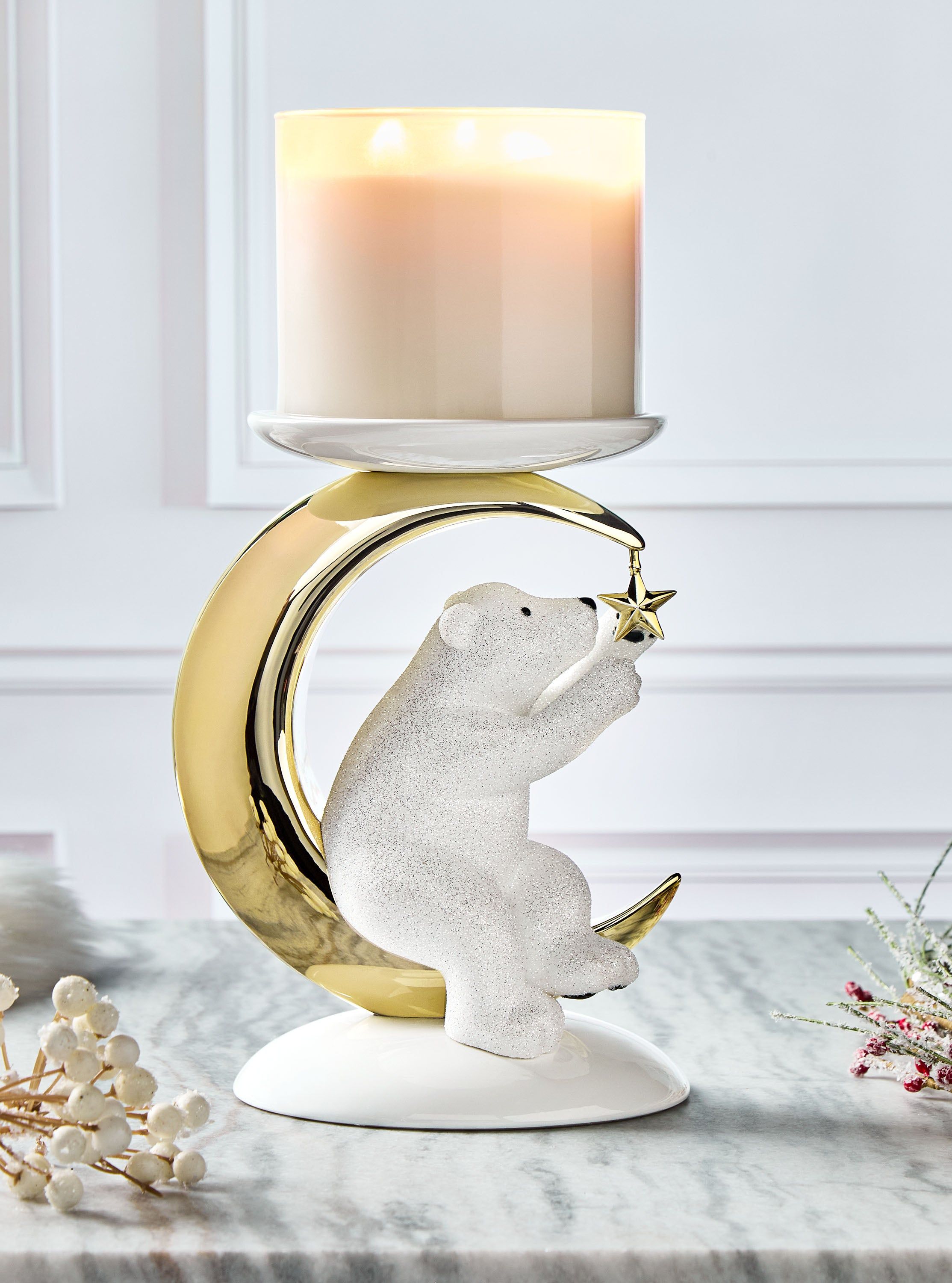 Podstawka na świecę Bath & Body Works z białym niedźwiedziem na złotym księżycu i gwiazdą