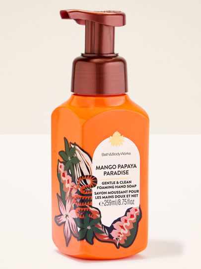 Mango Papaya Paradise – pomarańczowe mydło w piance z tropikalną etykietą w mango i papaję, o energicznym, letnim wyglądzie.