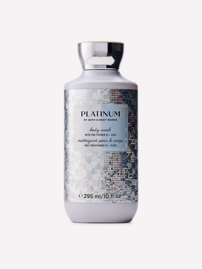 Gel de corp "Platinum" în sticlă argintie strălucitoare cu etichetă holografică. Bath & Body Works.