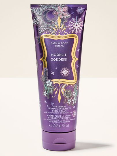 Krem do ciała Moonlit Goddess Bath & Body Works z motywem księżyca, gwiazd i płatków śniegu