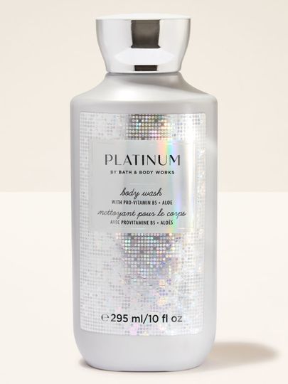 Gel de corp "Platinum" în sticlă argintie strălucitoare cu etichetă holografică. Bath & Body Works.