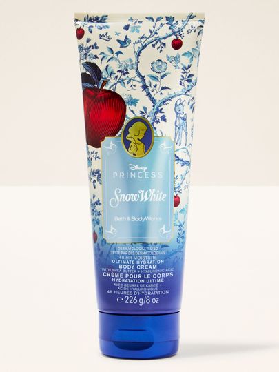 Krem do ciała Snow White Disney Princess – niebieski design z jabłkiem i 48h nawilżenia.