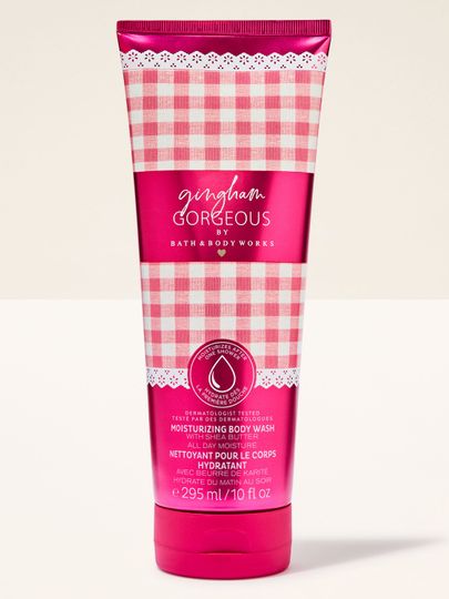 Kremowy żel pod prysznic Bath & Body Works Gingham Gorgeous 295 ml w różowej tubie z wzorem gingham.