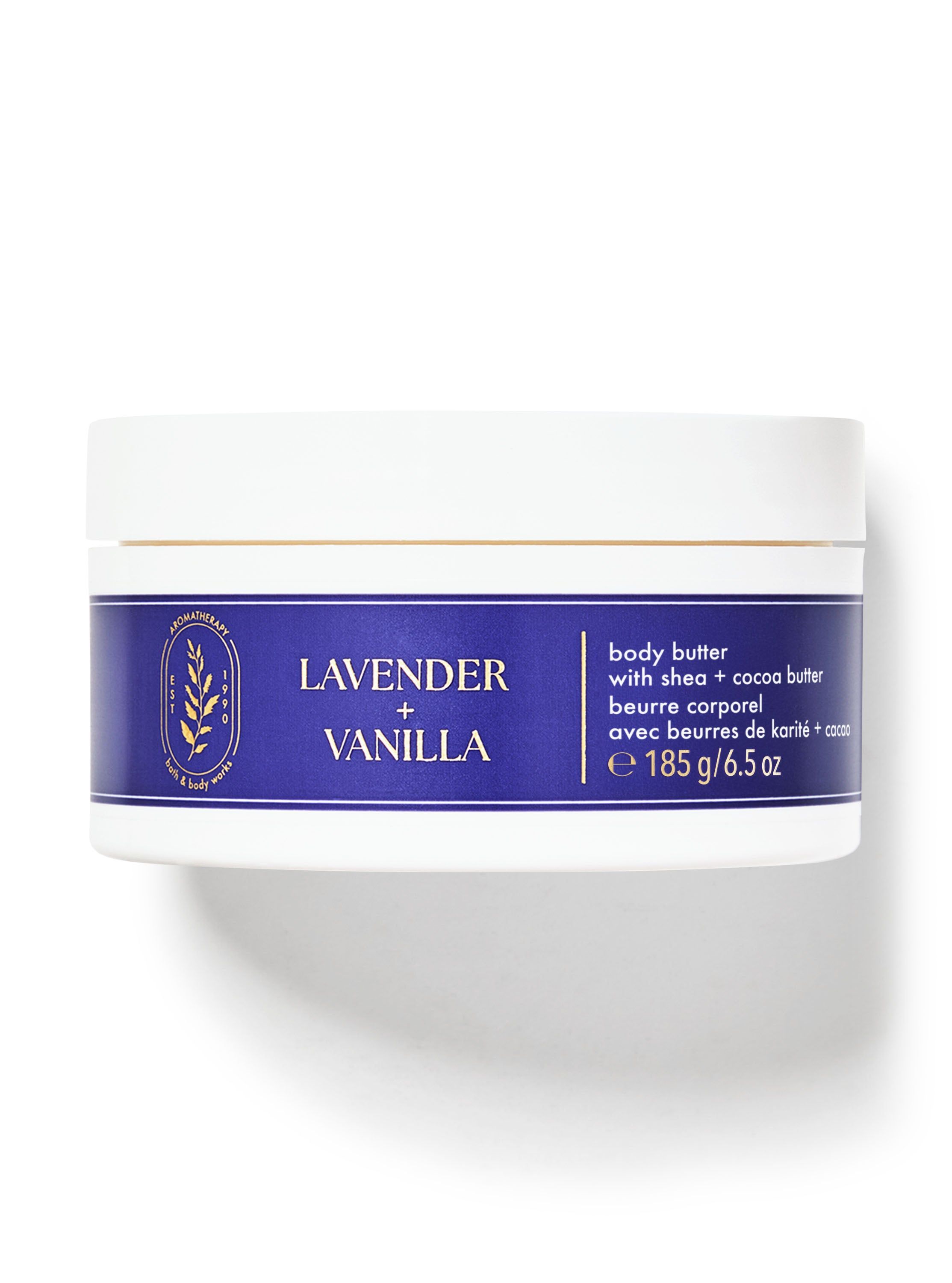 Masło do ciała "Lavender + Vanilla" w słoiku z niebieską etykietą ze złotymi liśćmi. Bath & Body Works.
