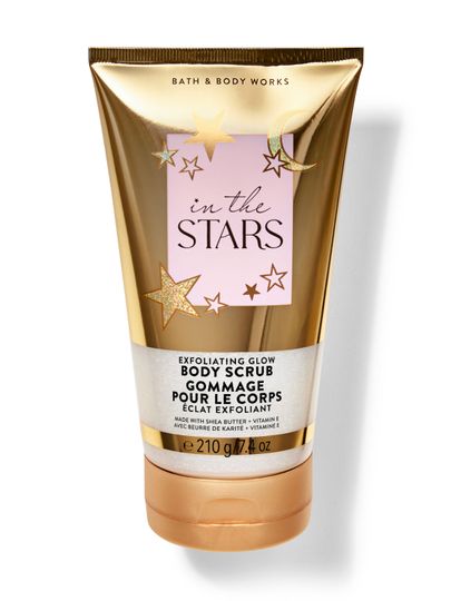 Exfoliant de corp auriu cu sclipici, cu motiv de stele și lună. Bath & Body Works.